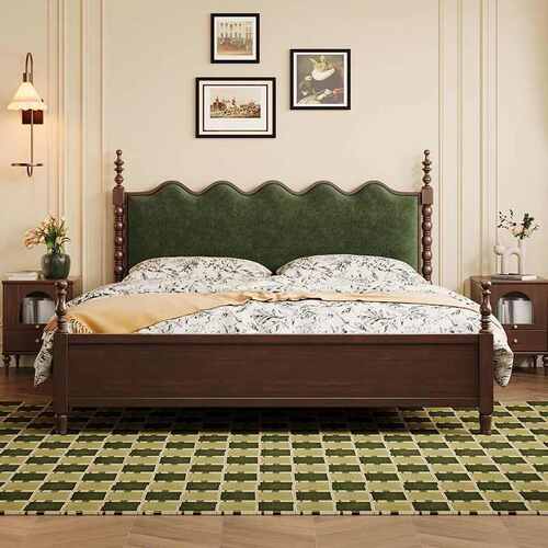 美式复古实木床法式田园风主卧双人床现代简约中古风民宿软包黑色