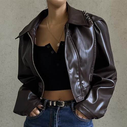 Women's collar zipper leather jacket jacket
