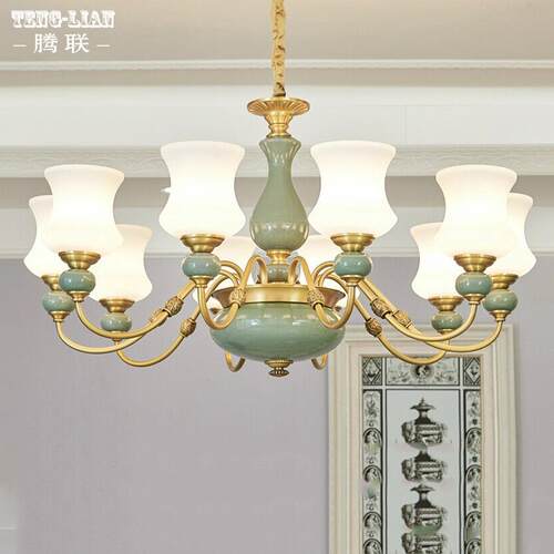 全铜陶瓷吊灯美式客厅餐厅卧室吊灯简约酒店客房书房灯具欧式吊灯