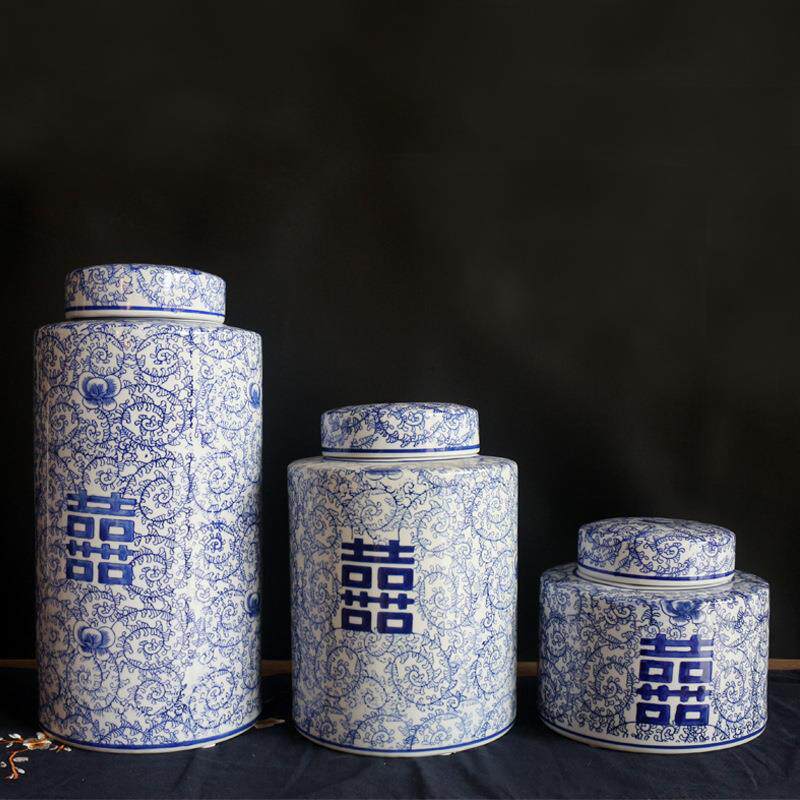 新中式储物陶瓷青花瓷摆件客厅玄关软装罐花瓶储物样品房喜字圆罐