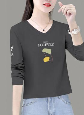 灰色长袖t恤女春秋2026新款小个子宽松字母短款v领内搭打底0107e