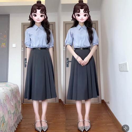 蓝色条纹衬衫女短袖夏季体制内穿搭职业正装通勤上班教资面试套装