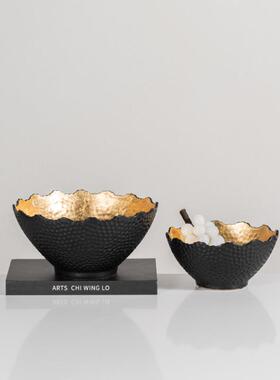 高级感手工陶瓷果盘烤黑烫金铝制茶几收纳盘餐厅装饰品桌面摆件