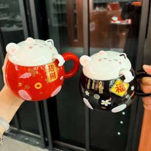 可爱招财猫陶瓷杯牛奶咖啡杯办公室摆件带盖家用马克杯水杯环保