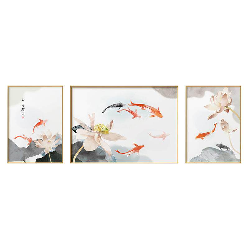 新中式锦鲤荷花客厅装饰画沙发背景墙餐桌挂画年年有鱼三联壁画