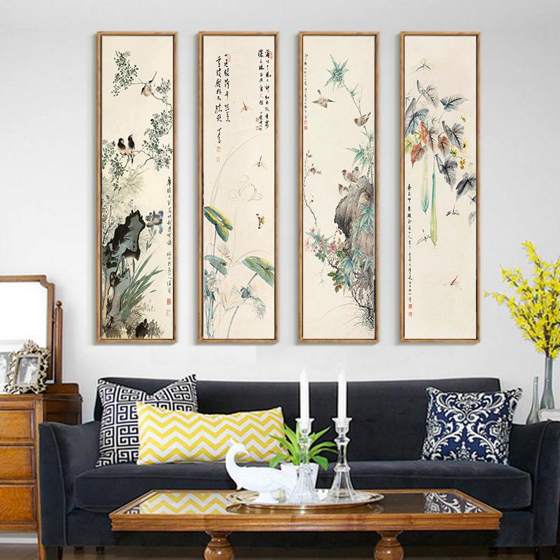 新中式客厅装饰画四联花鸟餐厅挂画现代酒店玄关走廊壁画长条竖版