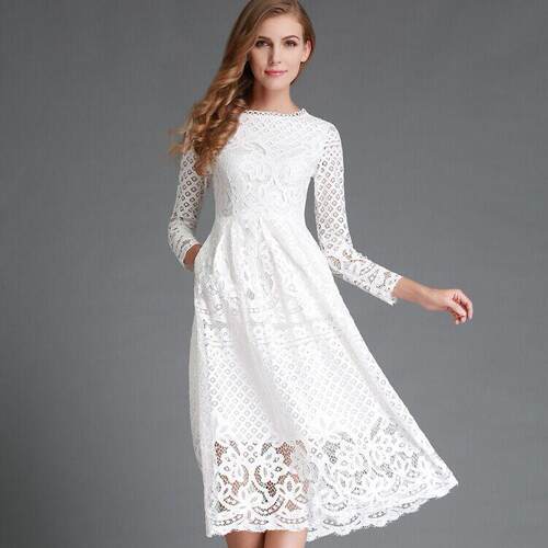 New women's white dress, lace long sleeved mid length