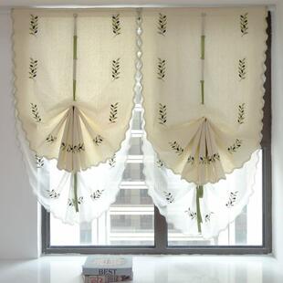 乡村厨房魔术贴提拉帘橄榄刺绣拉卷式餐厅窗帘免打孔安装简约