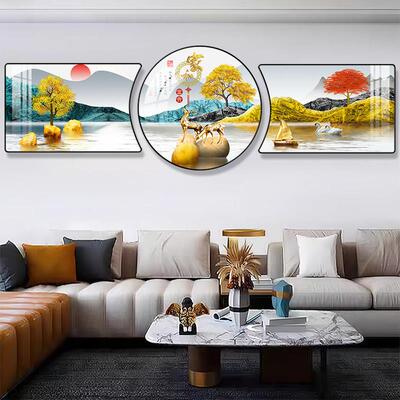 客厅装饰画画福禄双全壁画画现代轻奢大气三联画画寓意好沙发背景