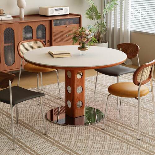 璨瑕包豪斯圆桌家用不锈钢白蜡木圆形中古风饭桌小众覆古岩板餐桌