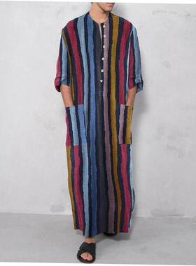 Button Stripes Print Shirt Men Muslim Robes 男士条纹长袍衬衫