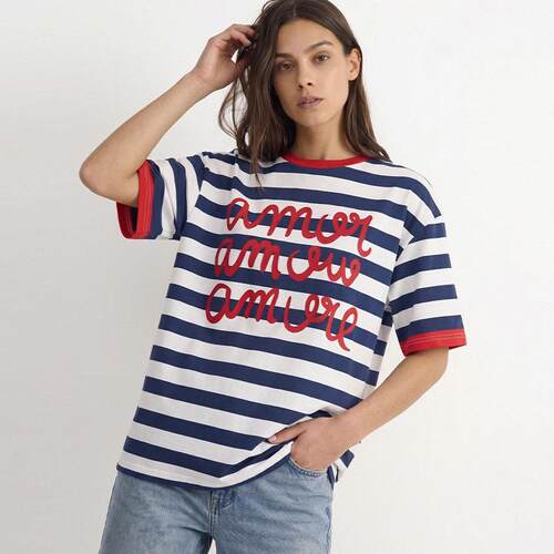 Women's Vintage Striped Ringer T-Shirt Letter Print Crew