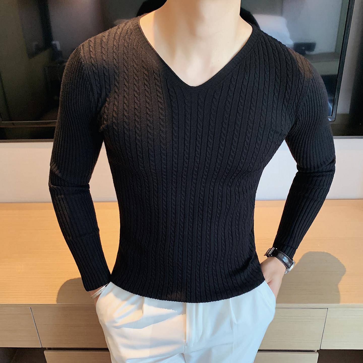 0917r男装新款高级感V领条纹毛衣男长袖秋冬季时尚潮流韩版修身百
