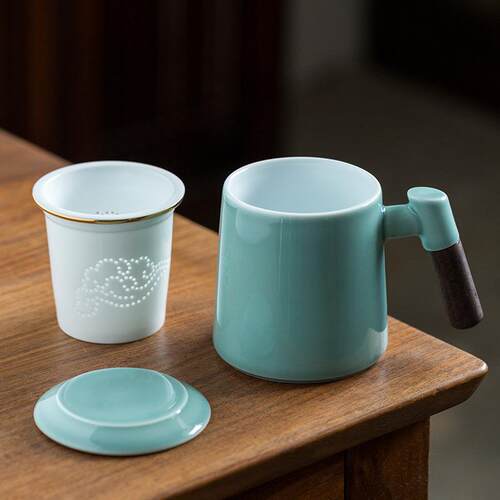 观岚茶水分离杯子泡茶杯中式陶瓷马克杯带盖过滤办公室大容量logo