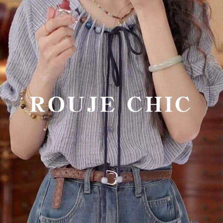 法国rouje chic法式复古风串珠系带条纹衬衫女夏季洋气设计感小衫