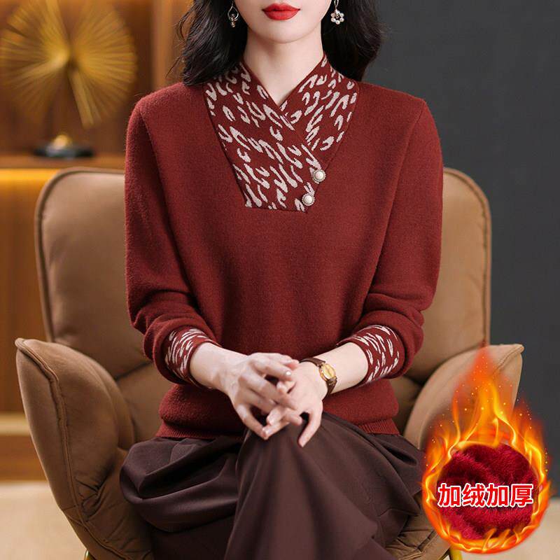 妈妈冬装加绒加厚针织打底衫40岁50洋派中老年女装本命年红色毛衣