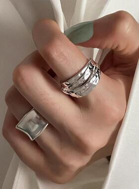 时尚宽边几何线条缠绕戒指女个性创意气质S925银开口指环食指戒潮