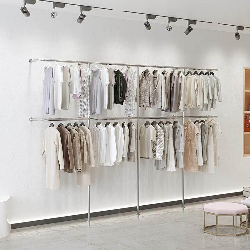 服装店不锈钢拉丝上墙展示架双层壁挂式陈列货架女装童装店挂衣架