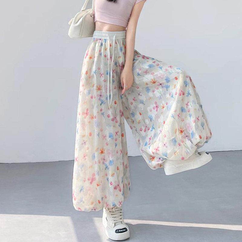 冰丝花苞裙裤女夏季2025新款小个子高腰垂感碎花时尚显瘦阔腿裤女