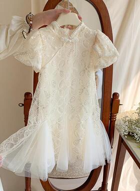 女小童珍珠领短袖连衣裙夏季2025新款礼服纱裙高端宝宝夏装公主裙