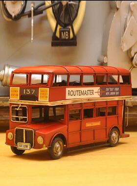 英国双层摆设巴士车模型铁艺复古工业风装饰品欧美式英伦礼物摆件