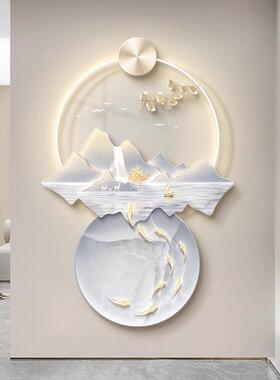 现代轻奢玄关装饰画山水入户门正对墙挂画走廊过道寓意好壁画带灯