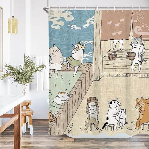日式复古可爱猫咪浴帘 加厚防水浴室浴帘 多尺寸可选干湿分离用
