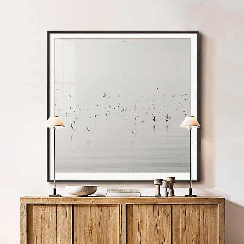 飞鸟卧现代简约室床头画OTN黑摄影风客厅横版挂画酒店玄关白壁柜