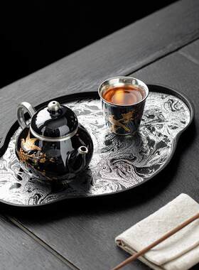 仿古大漆乌金石干泡盘家用小型茶台现代简约茶盘托盘壶承茶配件