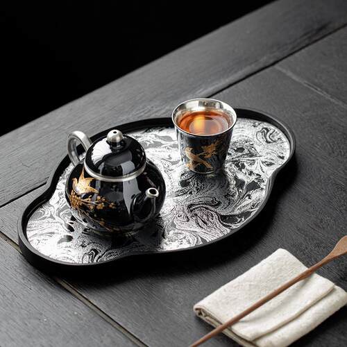 仿古大漆乌金石干泡盘家用小型茶台现代简约茶盘托盘壶承茶配件