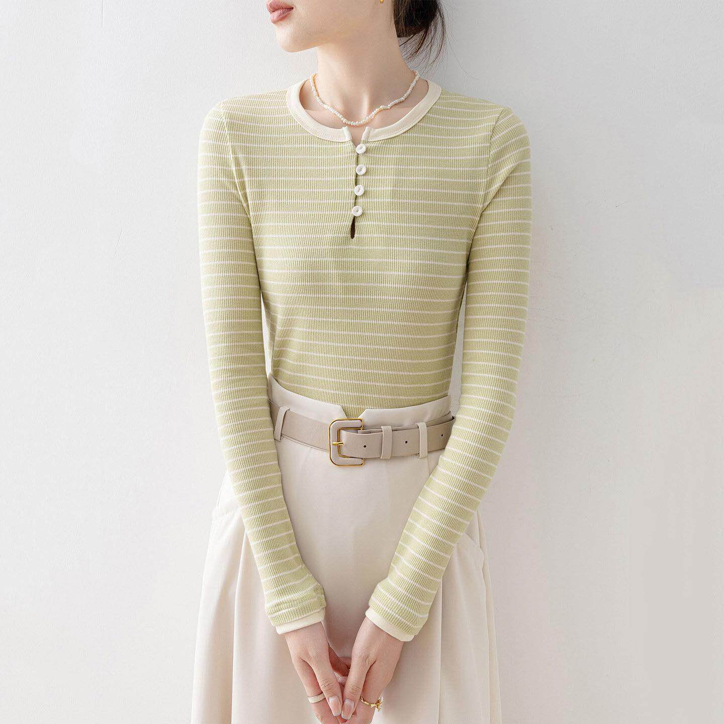 Canary Kiss条纹亨利领长袖t恤女士春夏修身显瘦打底气质百搭上衣