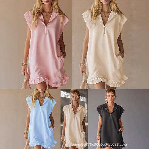 Short sleeved zipper lapel dress women's skirt