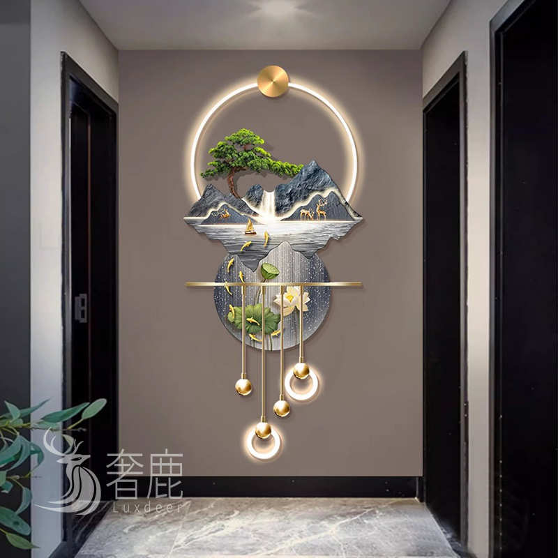 新高档走廊生财中式壁灯玄关入户装饰画流水立体挂画过道山水led图片