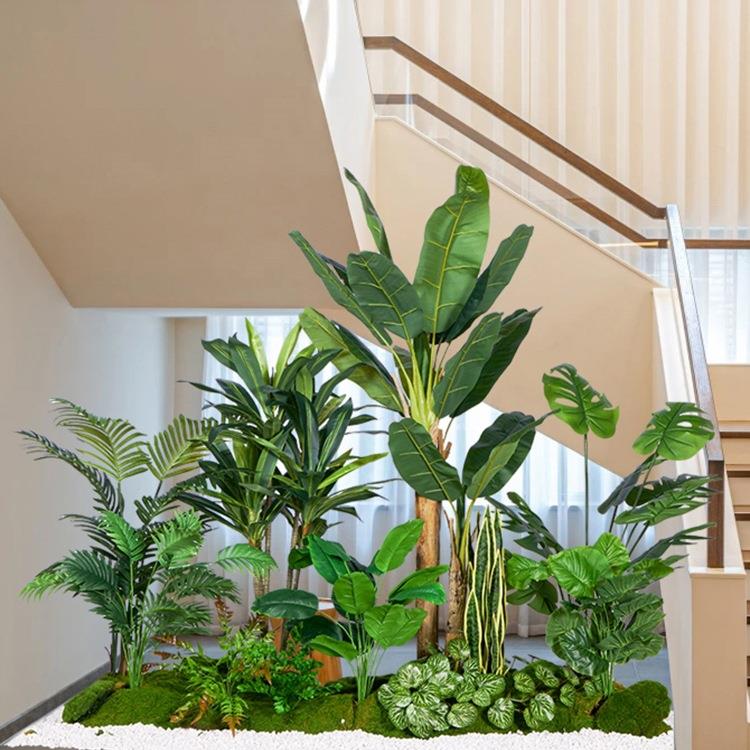 绿植组合造景楼梯下商场热带假植物景观假树室内盆栽装饰摆件