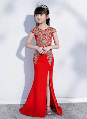 2026新款红色蕾丝女童主持走秀演出服时尚鱼尾开叉晚礼服长款包肩