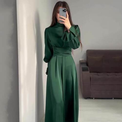 Elegant Womens Flare Sleeve Waist Cinched Long Arabic Dress