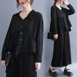 秋季韩版大码荷叶边拼接长袖衬衫女遮肚显瘦V领娃娃衫宽松衬衣潮