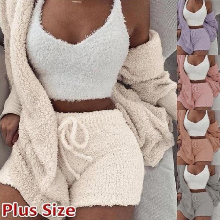 sleeve plush wear suit shorts set long home vest Womens