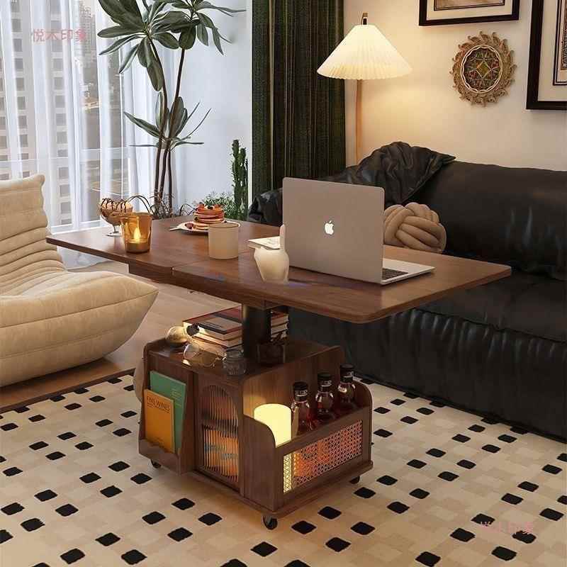 实木升降茶几移动推车茶桌折叠餐桌小户型茶台多功能客厅沙发边柜