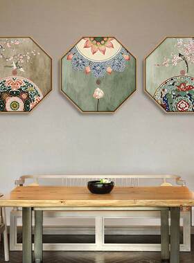 新中式客厅玄关装饰画禅意花鸟八边形挂画中国风民宿茶室墙面壁画