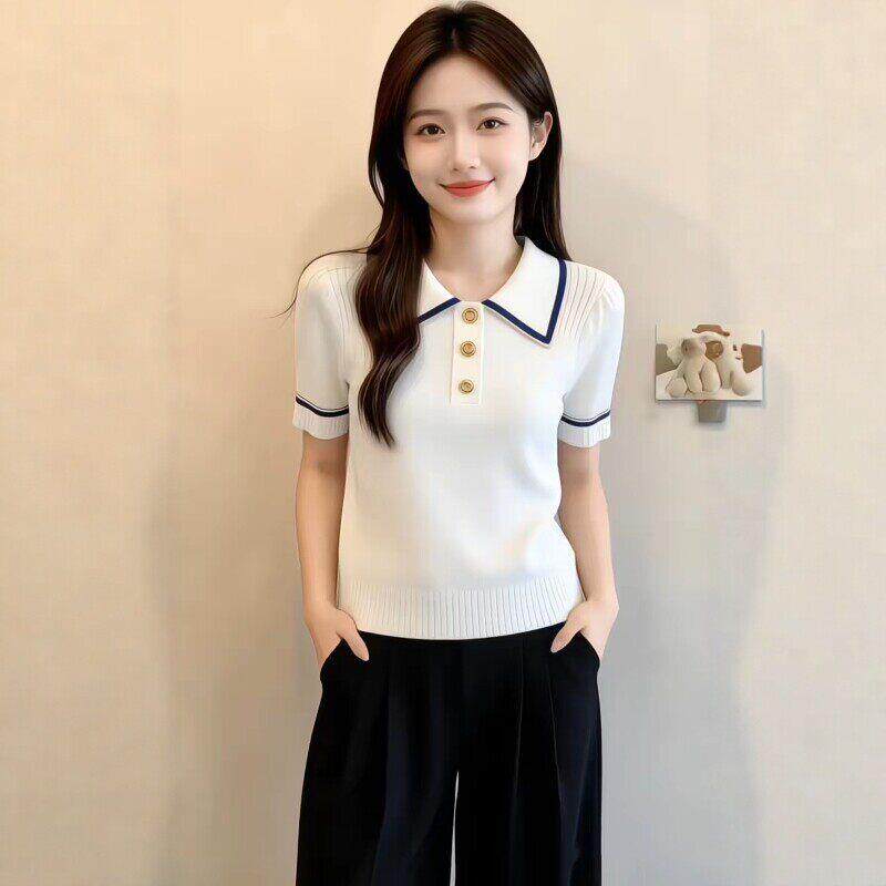 法式白色Polo领针织短袖T恤女夏季大码胖MM显瘦气质绝美打底上衣