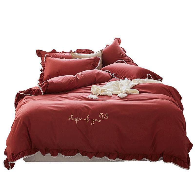 公主风水洗棉床上四见描述大红色婚庆床单四件套斜纹心床笠三见描