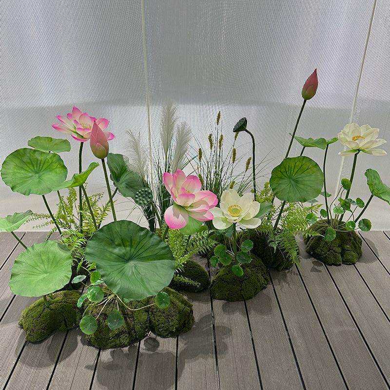 仿真造景PU荷花带杆仿真花荷叶落地酒店餐厅假花装饰莲花道具绢花