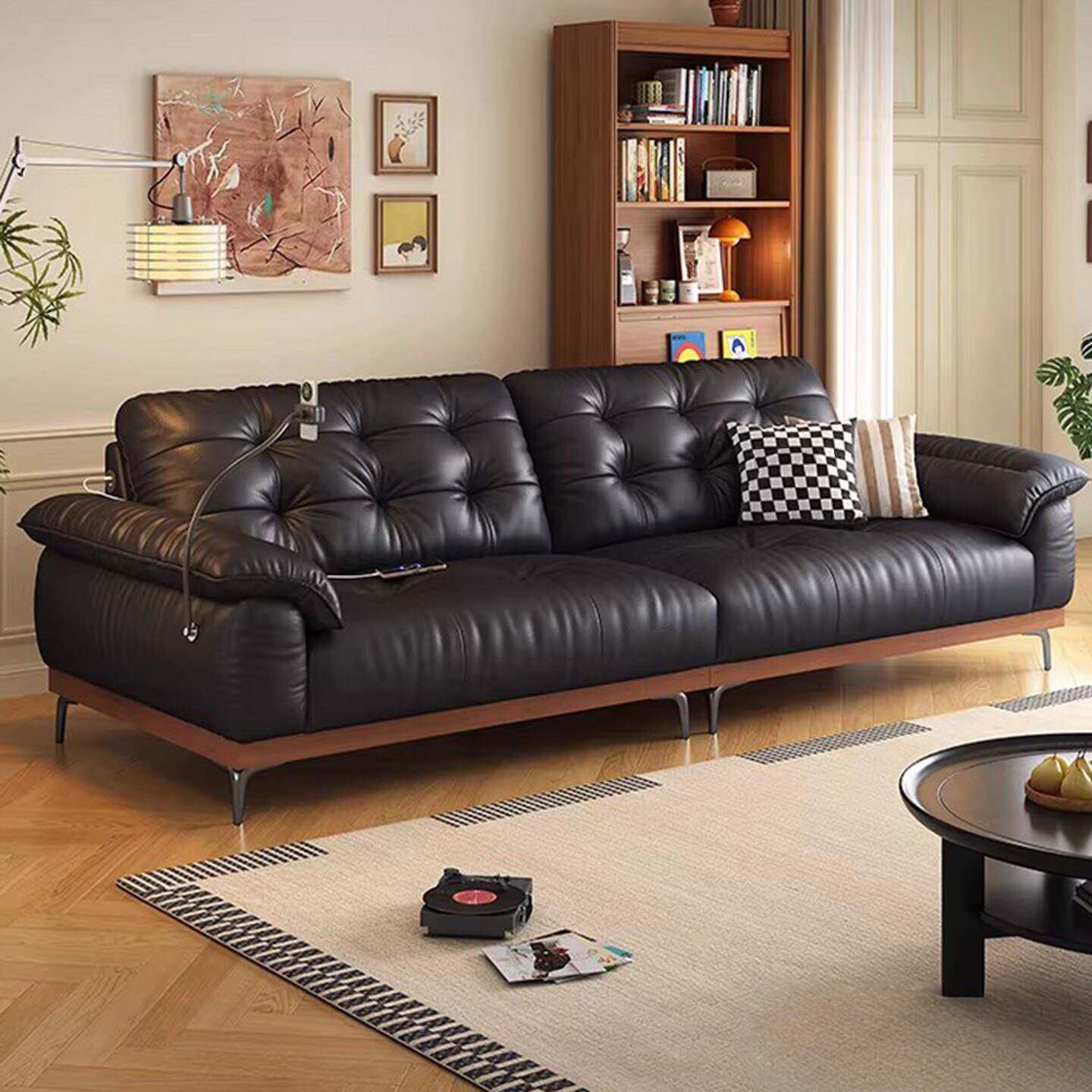 中古风客厅实木沙发复古头层牛皮2026新款小户型直排黑色真皮沙发