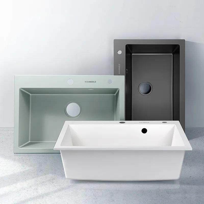 悍高厨房石英石水槽白黑色大单槽洗菜池洗碗盆台上下盆沥水篮