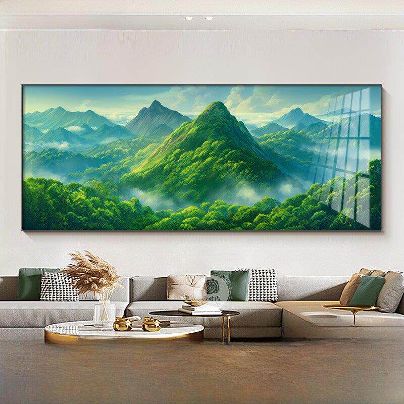 简ZMT背景无水墙现代客厅与绿色靠山背单沙发靠背图案与山挂画图
