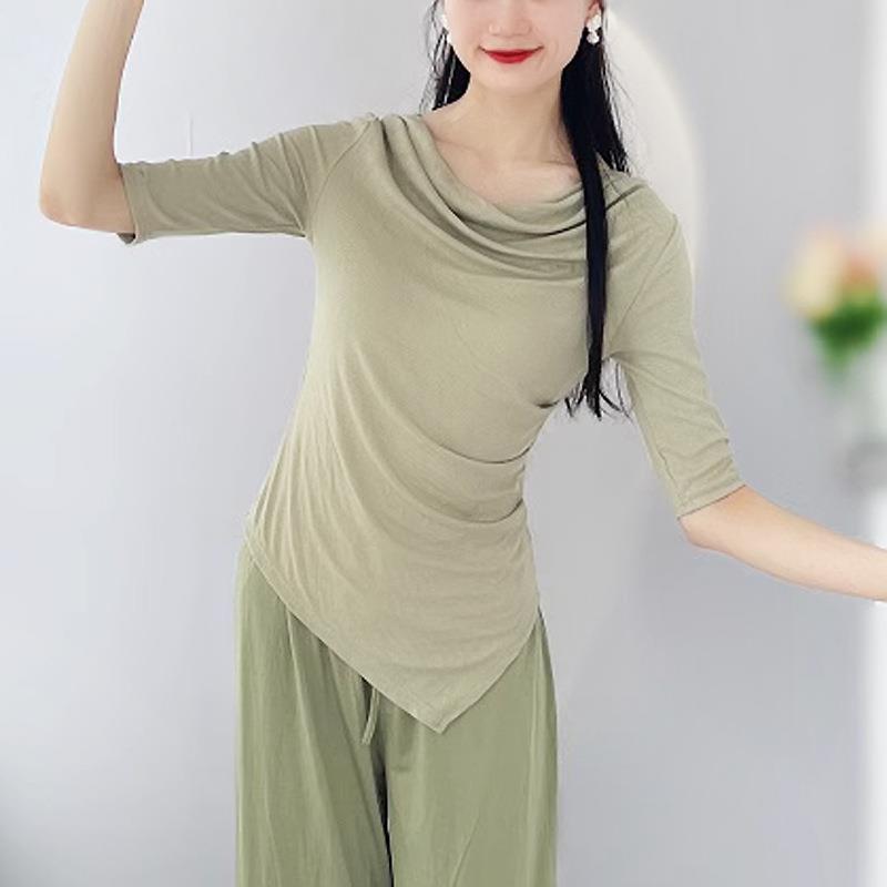 现代舞蹈服练功服民族中国舞古典舞中袖荡领艺考形体跳舞修身上衣图片