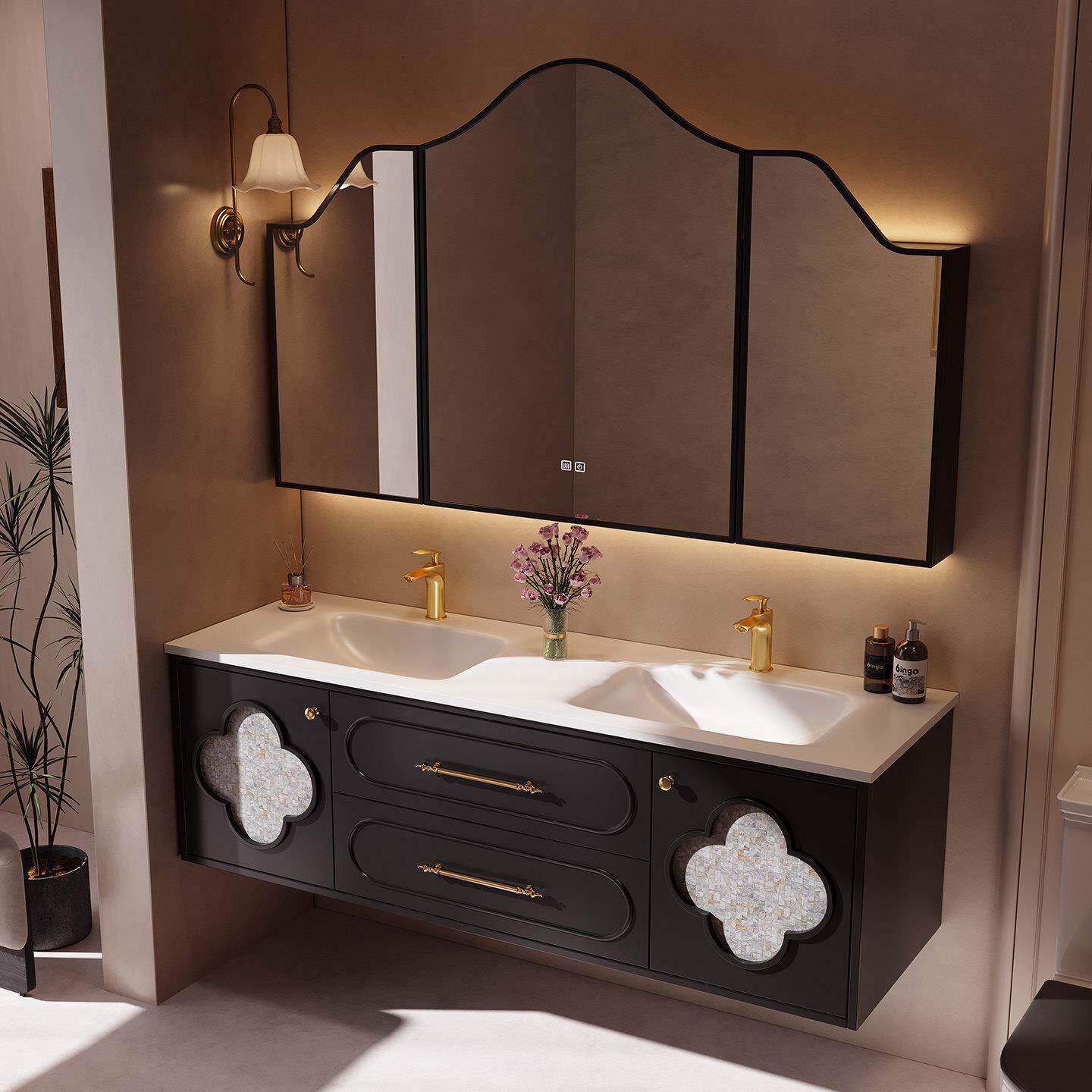 橡木烤漆法式复古双盆浴室柜组合岩板热弯一体洗漱台酒店风卫浴柜