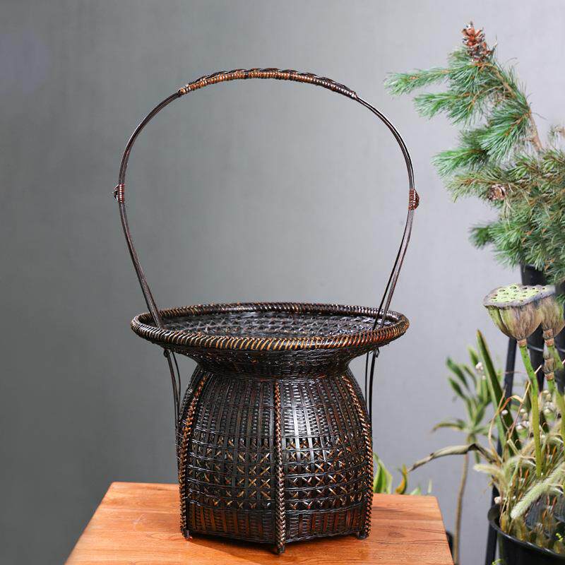 竹六篮复古竹编插篮角中华花艺花工道OGD花器手花篮插花器花皿竹