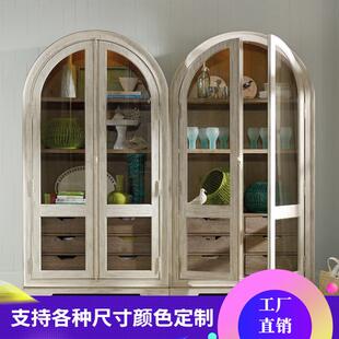 美式橡木实木书柜法式拱形书橱柜双门展示柜餐边柜玻璃门古董酒柜
